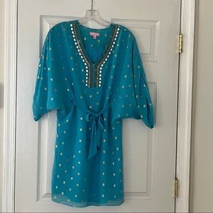 Lily Pulitzer Turquoise Blue Wide Sleeve Beaded V Neck Gold Dot Tie Waist Dress